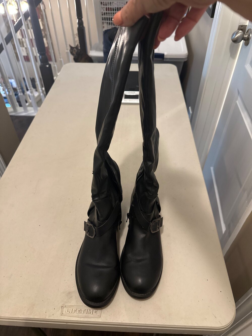 Black Knee High Riding Boots Buckle Strap Zip Womens Size 9